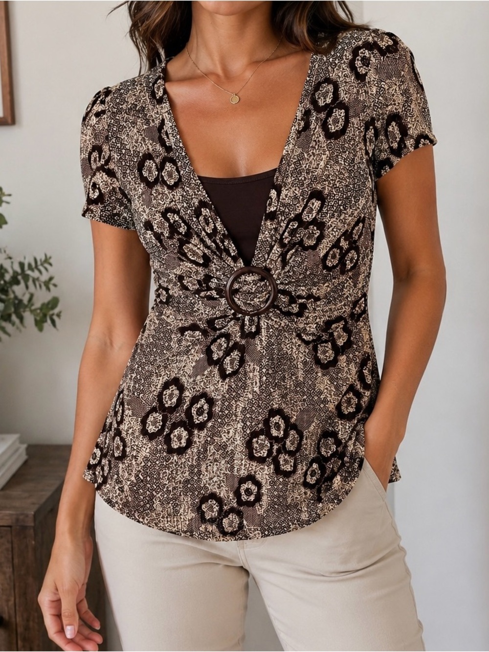 Forever 21 Y2K Animal Print Buckle Front Top Brown Short Sleeve Blouse Coquette